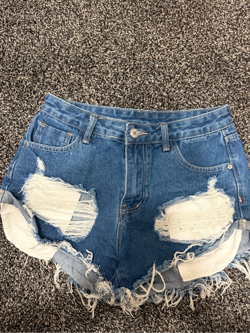 Women's Distressed Blue Denim Jean Shorts with Frayed Hem
